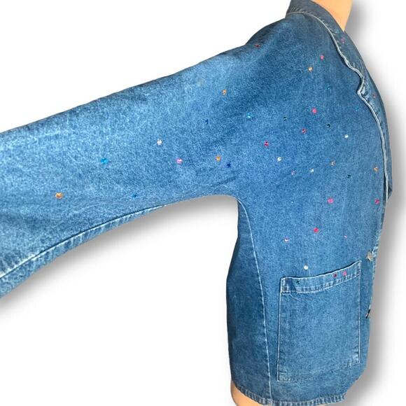 Vintage 90s Match Denim Blazer Jacket Oversized Rhinestone Sequin Jean Coat - Picture 5 of 11